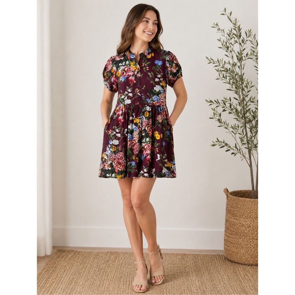 NWT See by Chloe Floral Print Mini Puff Sleeve Dress Size FR 36 US 4 Small Maroo